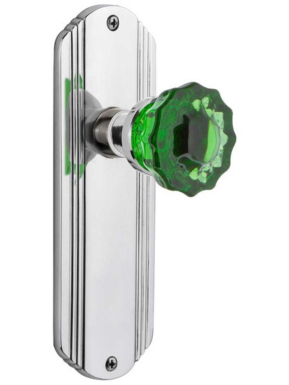 Streamline Deco Door Set with Colored Fluted Crystal Glass Knobs Emerald in Polished Chrome.